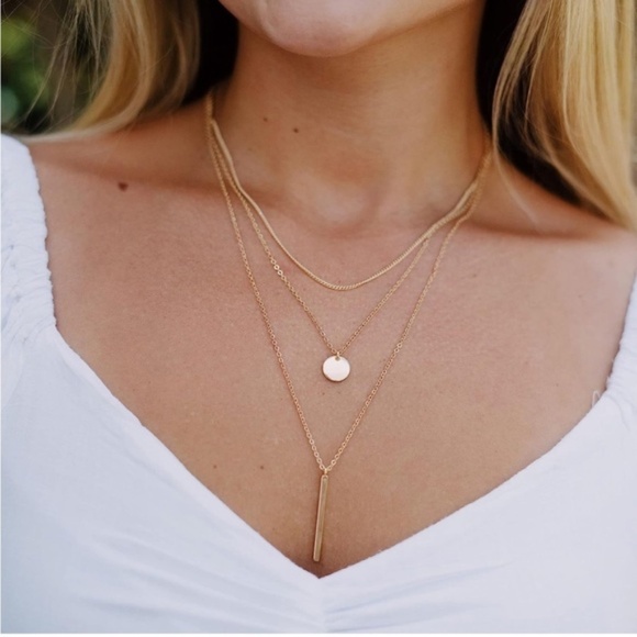 Gold 14k Gold Plated 3pc Bar & Disc Necklace Set - Picture 1 of 3